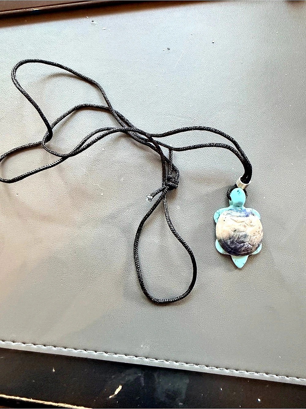 Turtle Pendant Cord Necklace in Blue & Brown